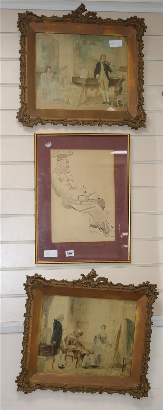 A watercolour study of a chef, first half 20th century and a pair of hand coloured photogravures of figures largest 29 x 35.5cm